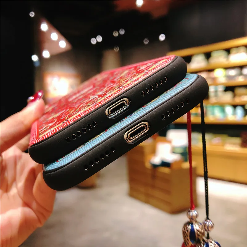 3D Relief Pattern Case for iPhone 16 15 14 13 12 Pro Max XS Max XR SE Shell Tassel Lanyard Soft Silicone Cover 16 Pro Max Fundas