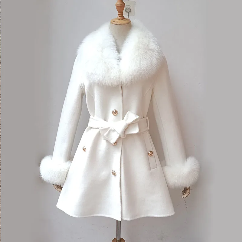 

2023 Winter Real Fox Fur Coat Women Wool Jacket With Natural Fox Fur Collar Slim Female Woolen Cashmere Outwear