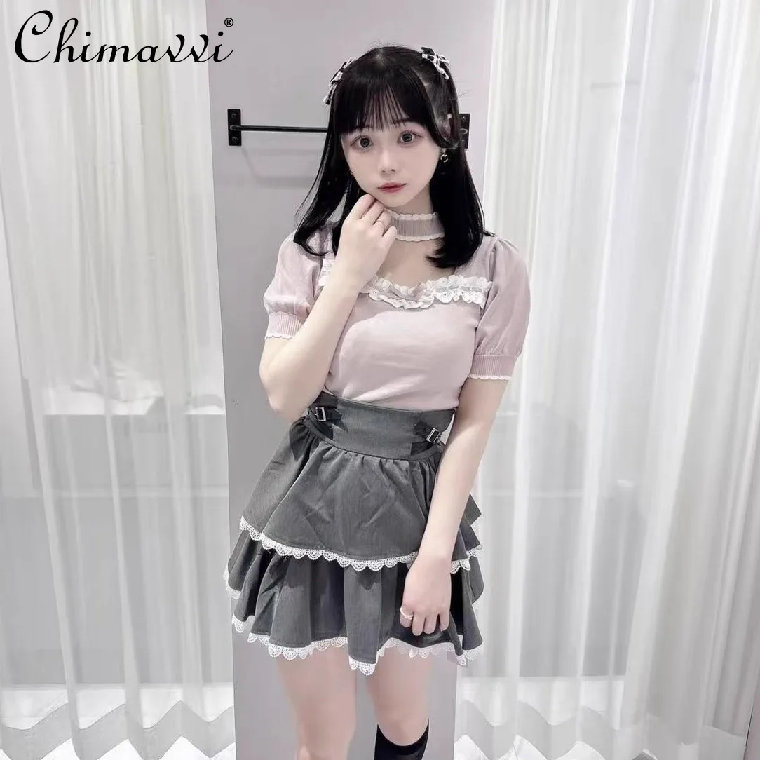 

2025 Autumn New Japanese Fashion Embroidered Lace Ribbon Hollow Collar Knitted T-Shirt Sweet Girl Slim Fit Elegant Lolita Tops