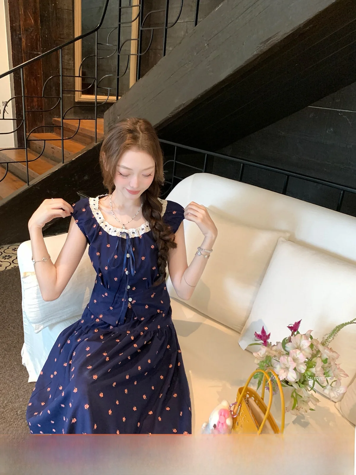 

ThePeachOfficial Retro Color Blo Embroidered Top And f Skirt Two Piece Set Women's French Sle Cotton Summer Outfit