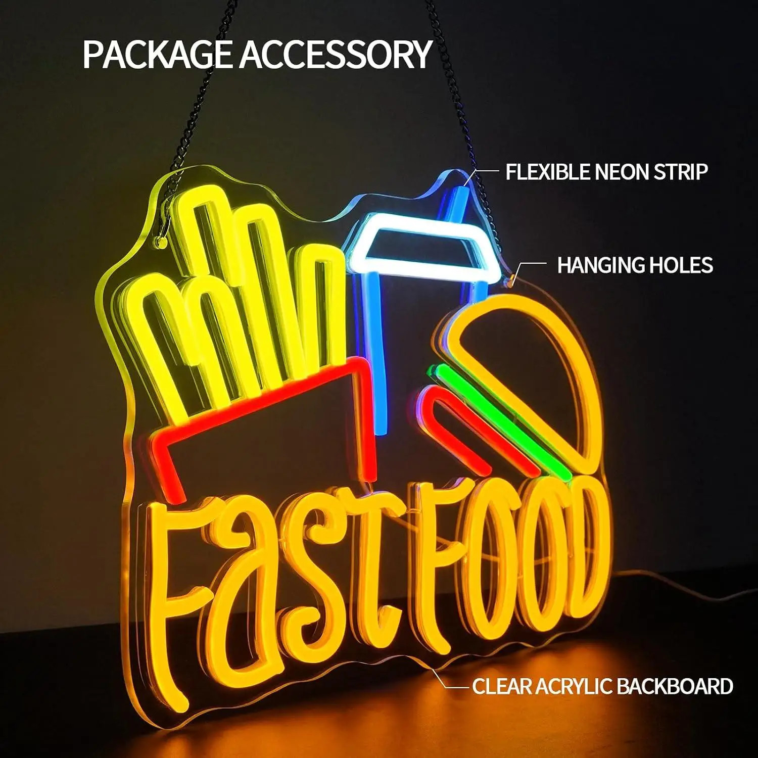 Fast Food Neon Sign USB Powered LED Dimmable Neon Lights for Restaurant Fast Food Store Kitchen Game Room Bar Party Wall Decor
