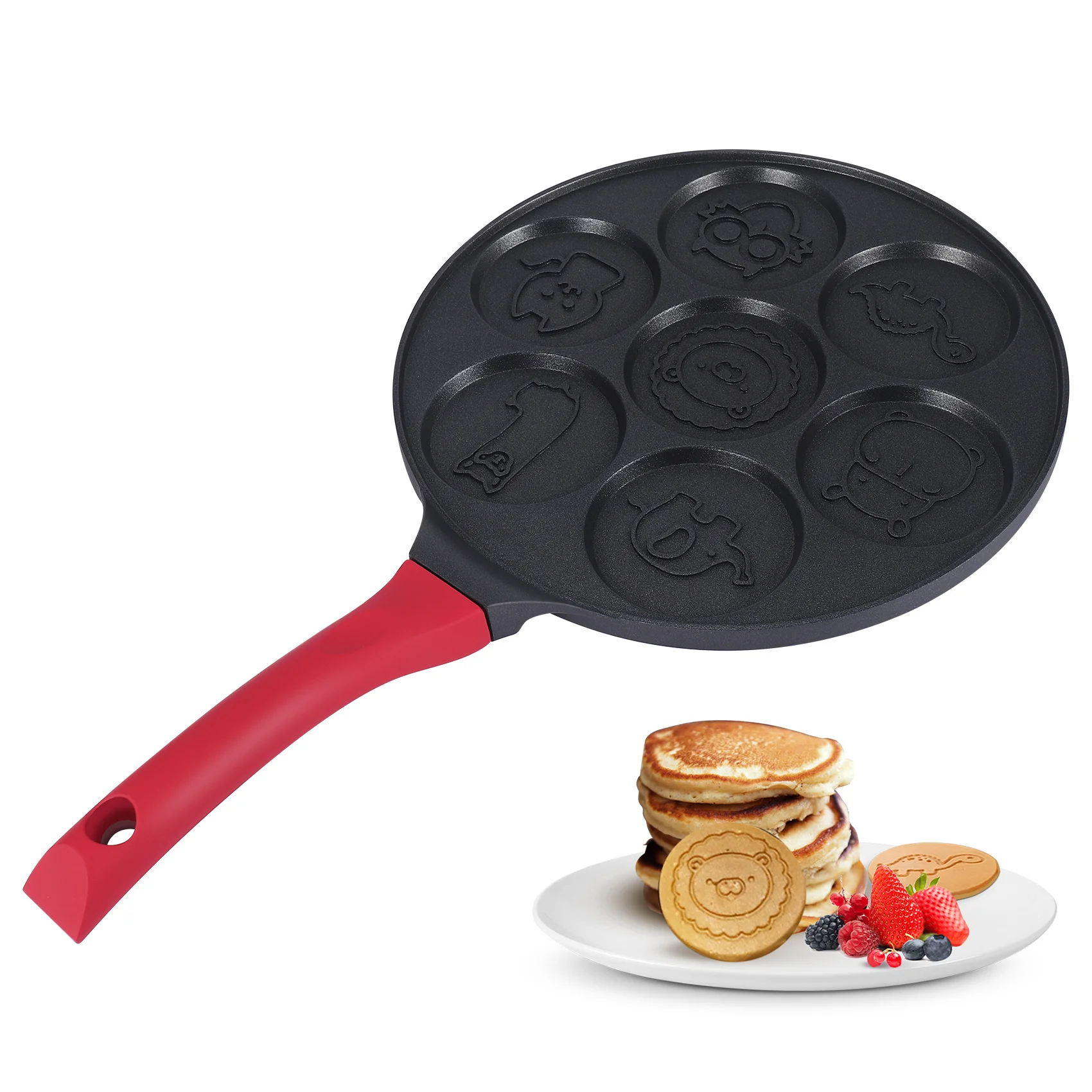 Pancake Maker - Non-Stick Pancake Pan Griddle Grill Pan Mini Crepe Maker 7-Mold Pancakes with Silicone Handle, Black Animal