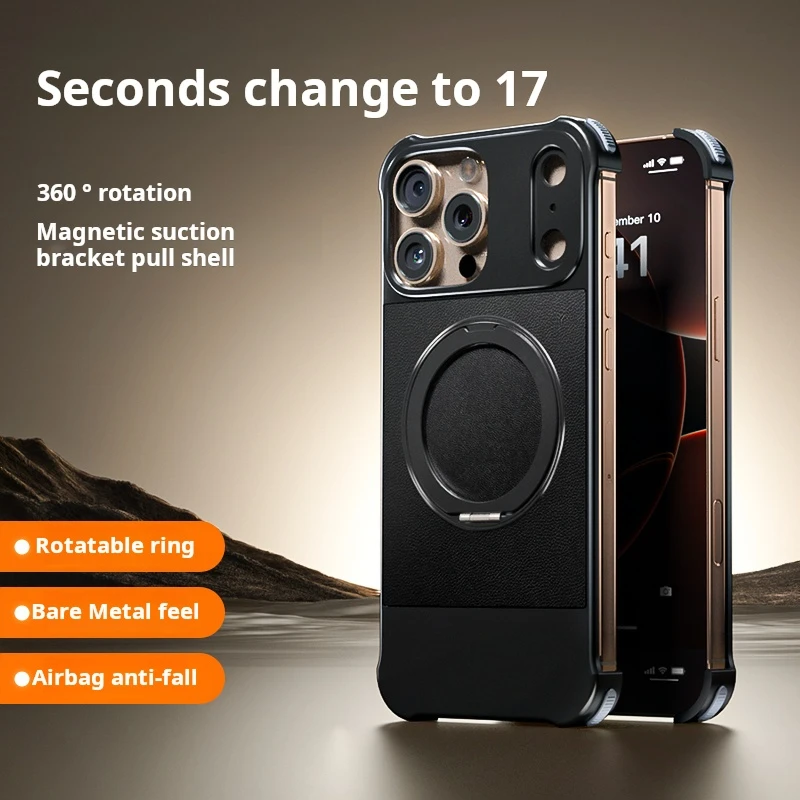 

Для iPhone 16 15 14 13 Pro Max НОВЫЙ Ретро БизнесПоловина упаковки из искусственной кожи 360 ° Вращающаяся металлическая кольцевая подставка Магнитный корпус мобильного телефона