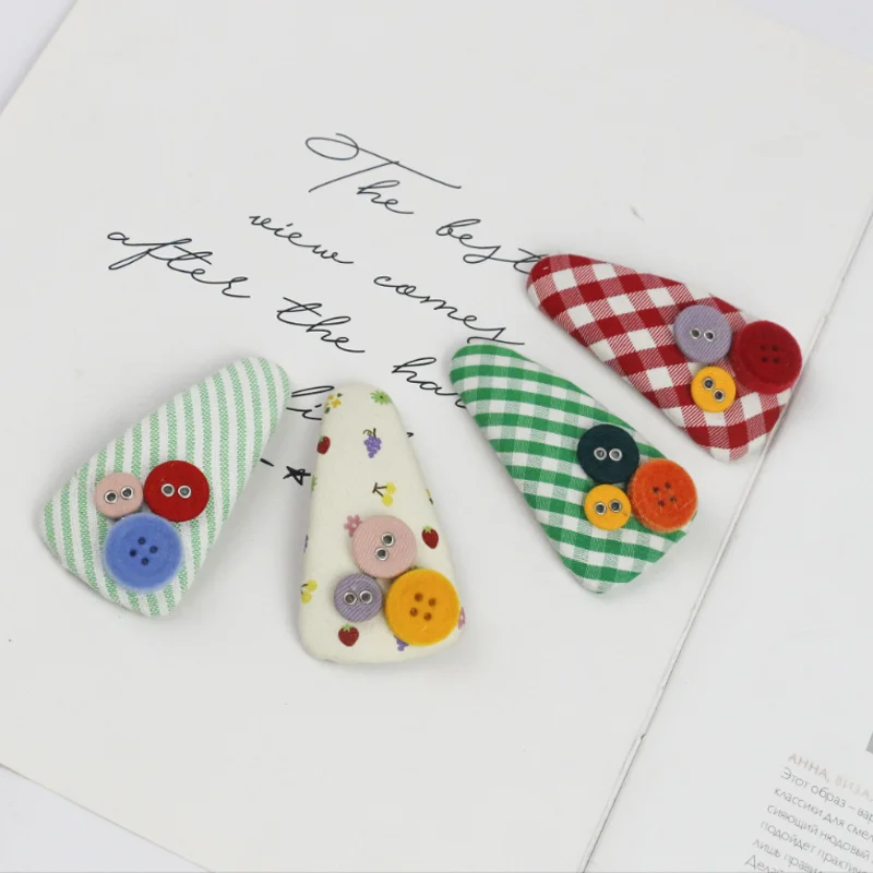 4pcs Children Fun Button Plaid Hair Clip Hairband Handmade Contrast Fabric Bang Clip Hairpins Girl Fresh Barrette Hair Accessory