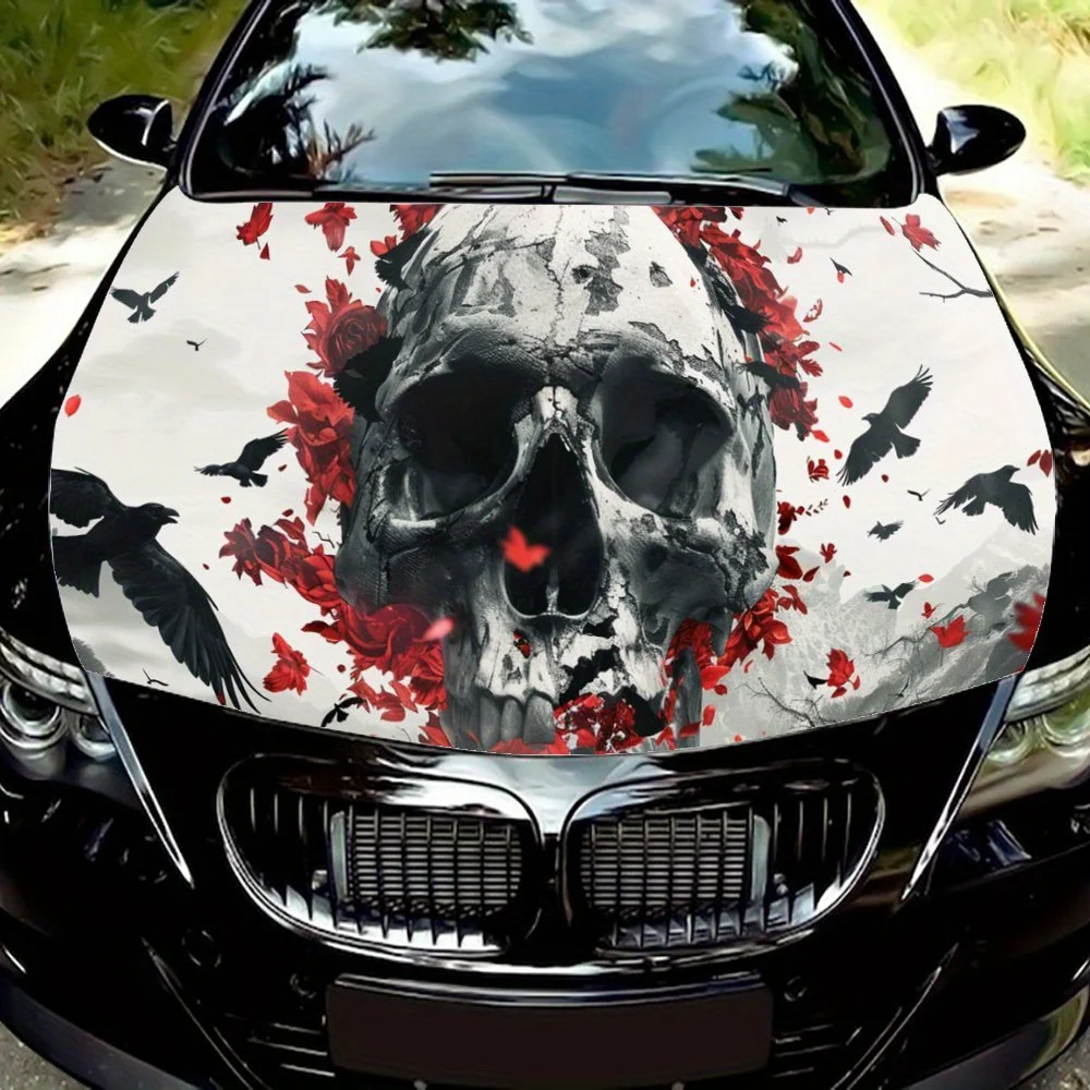 Red Petals and Skull, Symbol of Horror Car Hood Decal Sticker, Durable Car Vinyl Wraps Suitable for Most Vehicles, Car Engine Ho