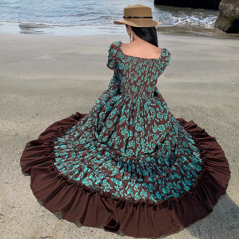 Beach Vaion Stampa floreale Lunga Dr Gonna etnica a vita alta da donna in fibra di poliestere Abito V-ne H-pe