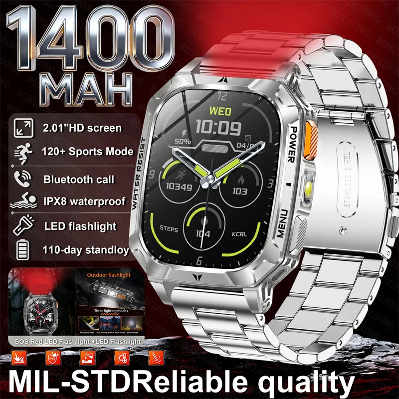 

Outdoor Exploration 1400mAh Battery Smart Watch Fitness Tracking 10ATM Waterproof Tactical Sports Flashlight Men Phone Watches
