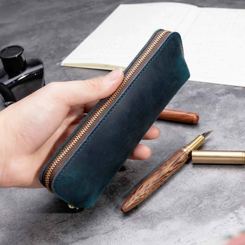 

Genuine Leather Pure Color Original Vintage Make Up Cosmetic Pen Pencil Box Case Lipstick Storage Coin Bag