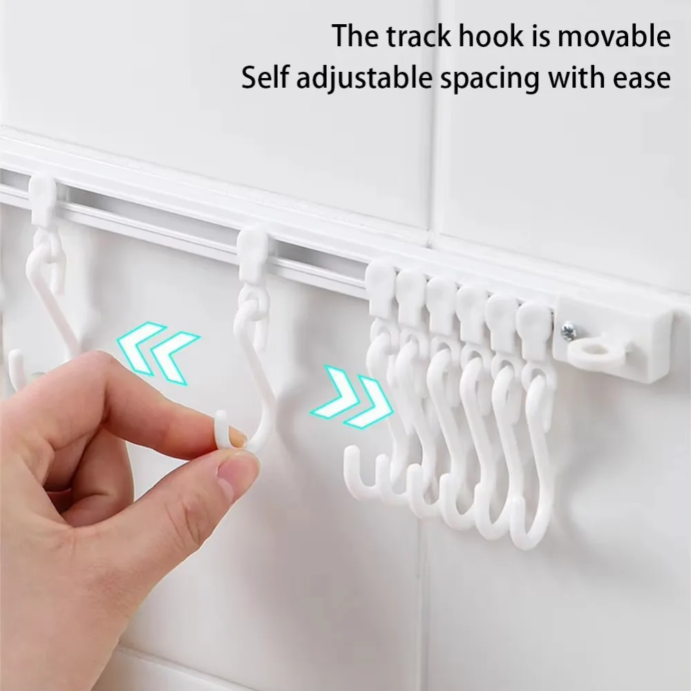 S-Shaped Hook Keychain Display Stand Space Saving Punch-Free Storage Rack Self-Adhesive Sliding Track Hook Kitchen Cabinet Door