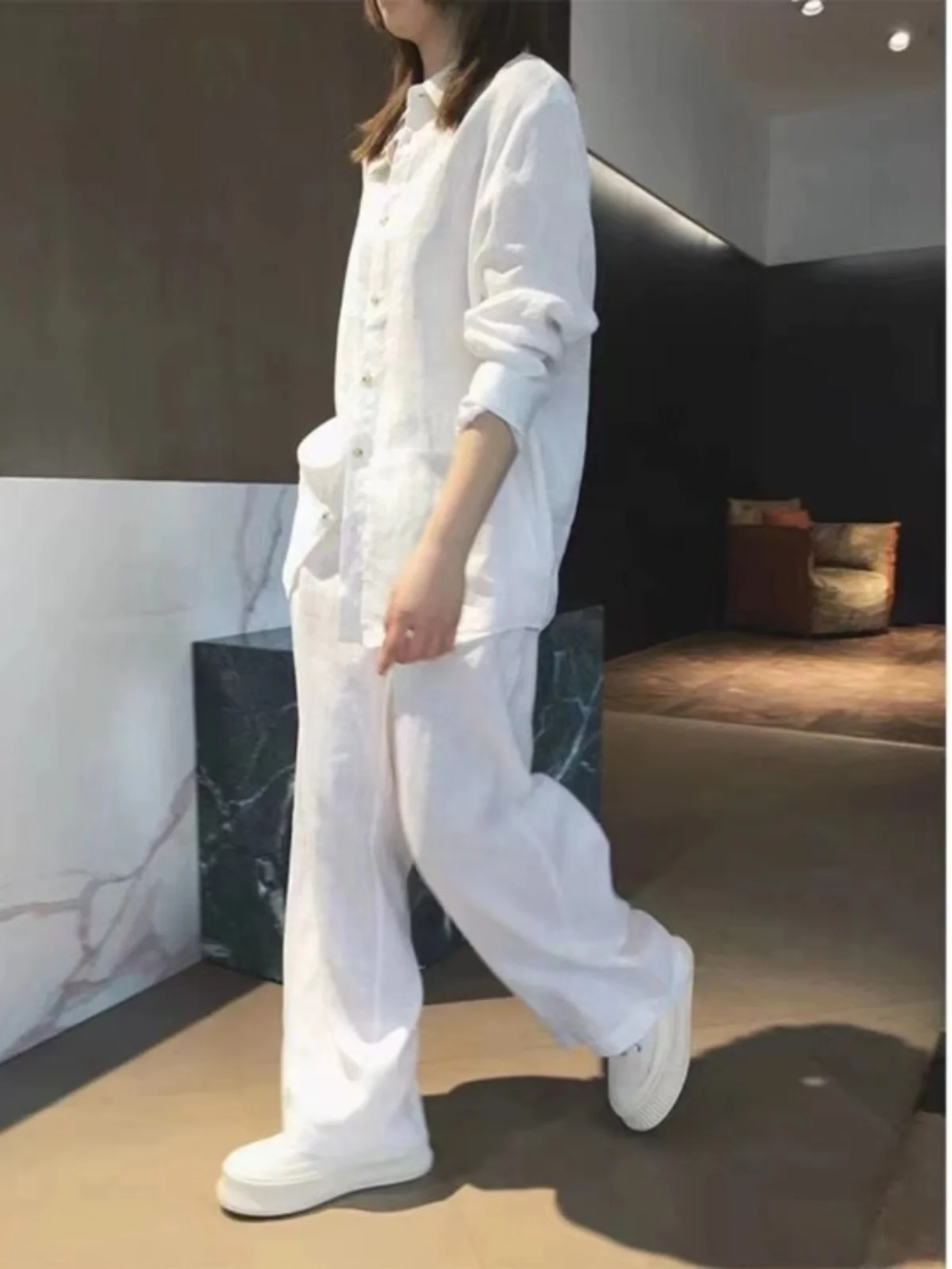 أوائل الخريف القطن الكتان مجموعة المرأة طويلة Sve حماية الشمس irt أعلى بنطال ذو قصة أرجل واسعة قطعتين مجموعة الربيع Faion