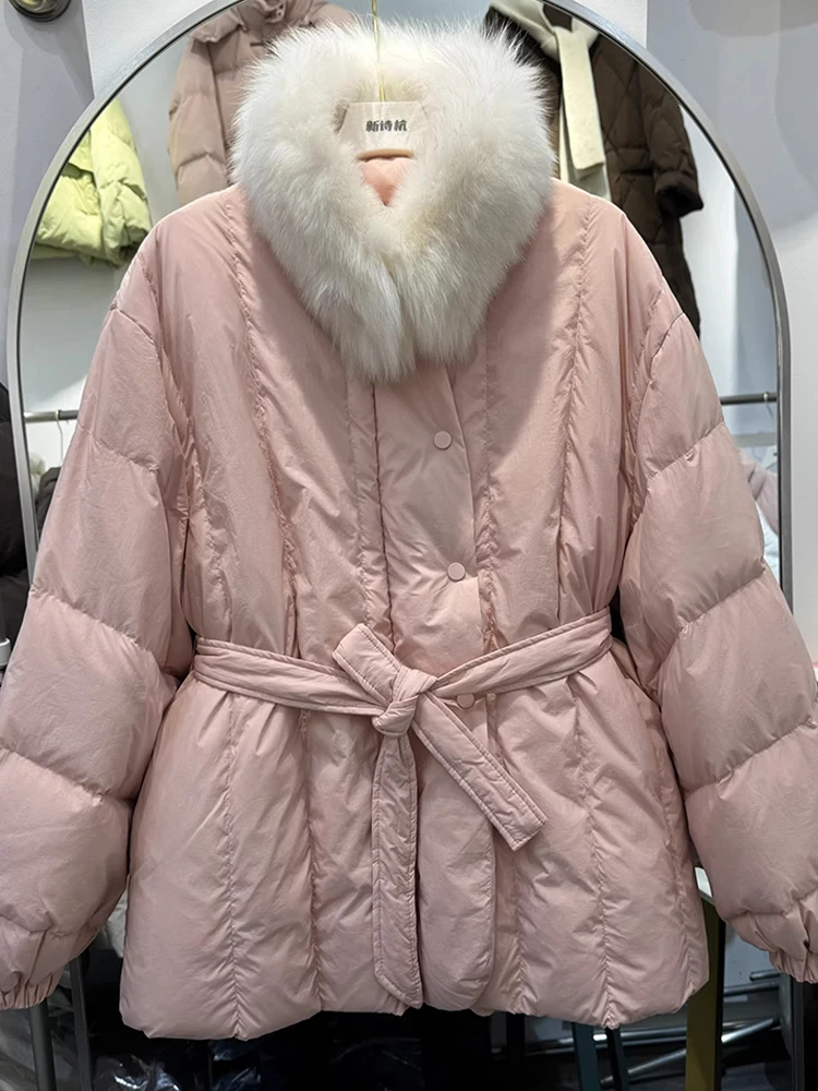 

Women's Korean Version Scarf Fur Collar Thickened White Duck Down 2025 Winter New Solid Color Down Jacket With Strap Waist