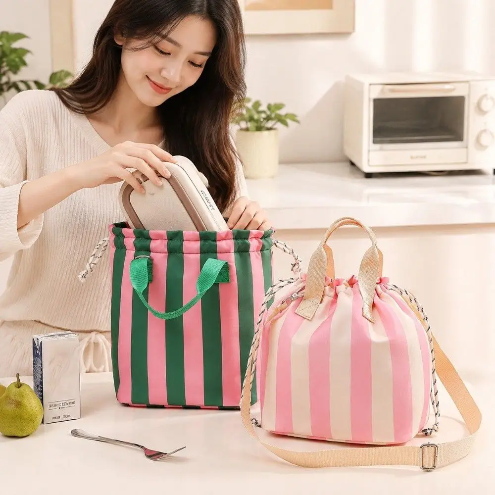 Color Block Drawstring Lunch Box Bag Drawstring Aluminum Foil Liner Insulated Lunch Bag Striped