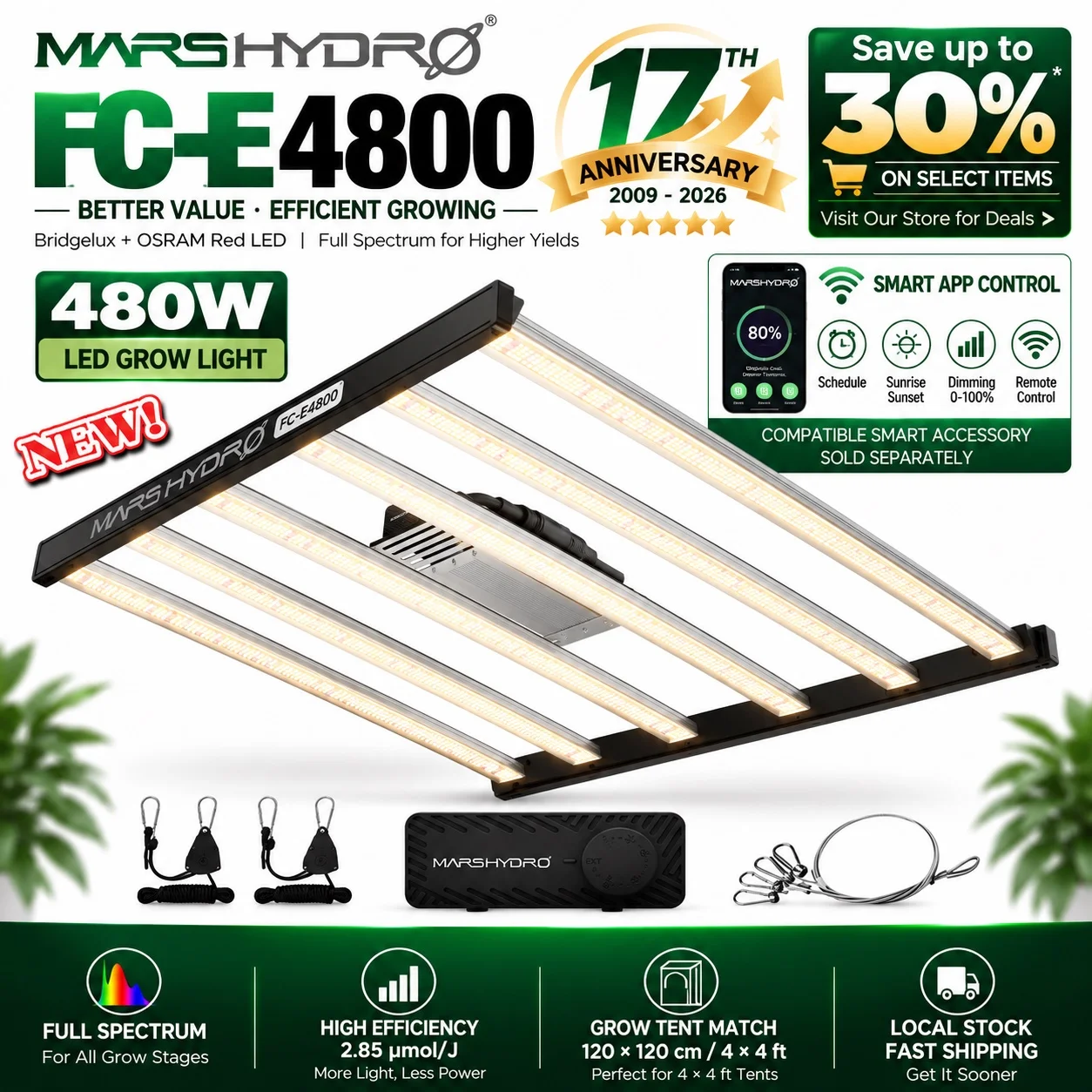 2026 Mars Hydro FC-E4800 480W LED – 2.9 µMol/J, Rosso Osram, 4X4Ft, Dimmerabile, 0Db, Controllo Smart APP-image