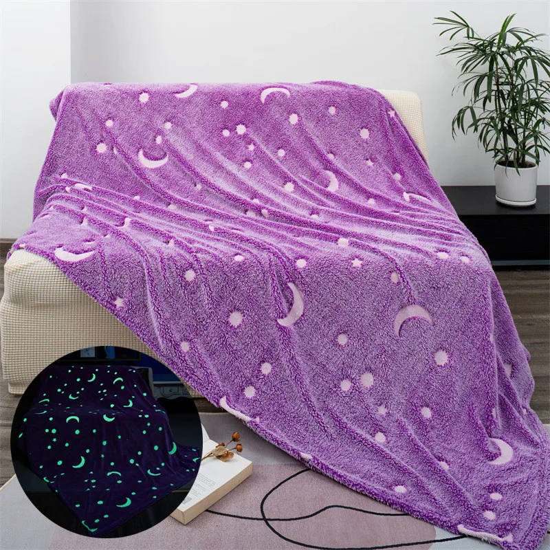 

Luminous Fleece Blanket Purple Soft Star Moon Fluorescent Office Rest Blanket Creative Children Coral Fleece Blankets for Beds