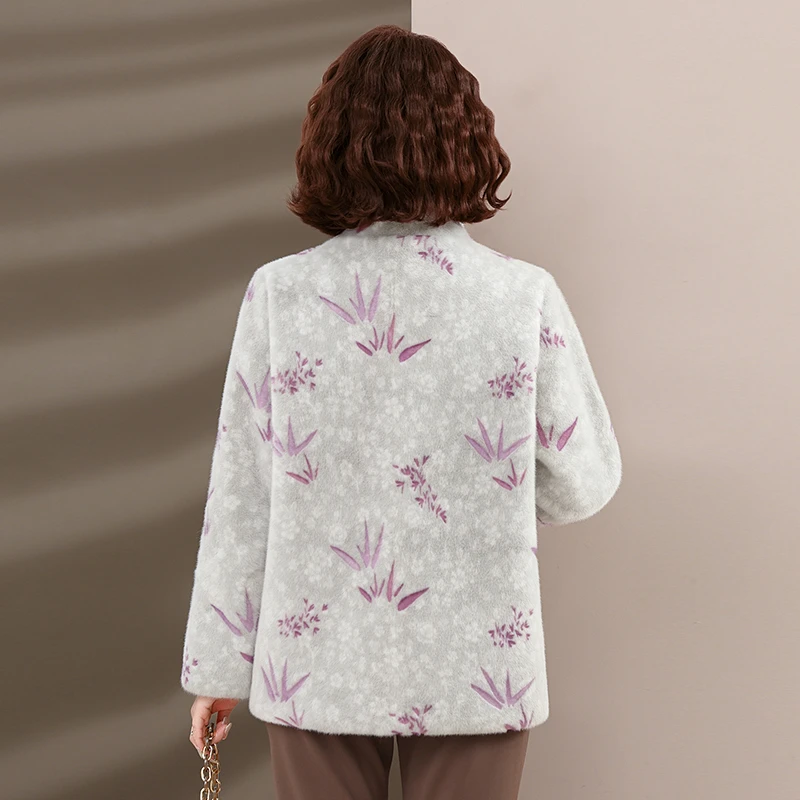 Jacken für Frauen 2025, Herbst und Winter, verdickt, Stehkragen, mittleres Alter, Mutter, warmer Mantel, Kunstpelzmantel, Jacke, Damen-Druckmantel