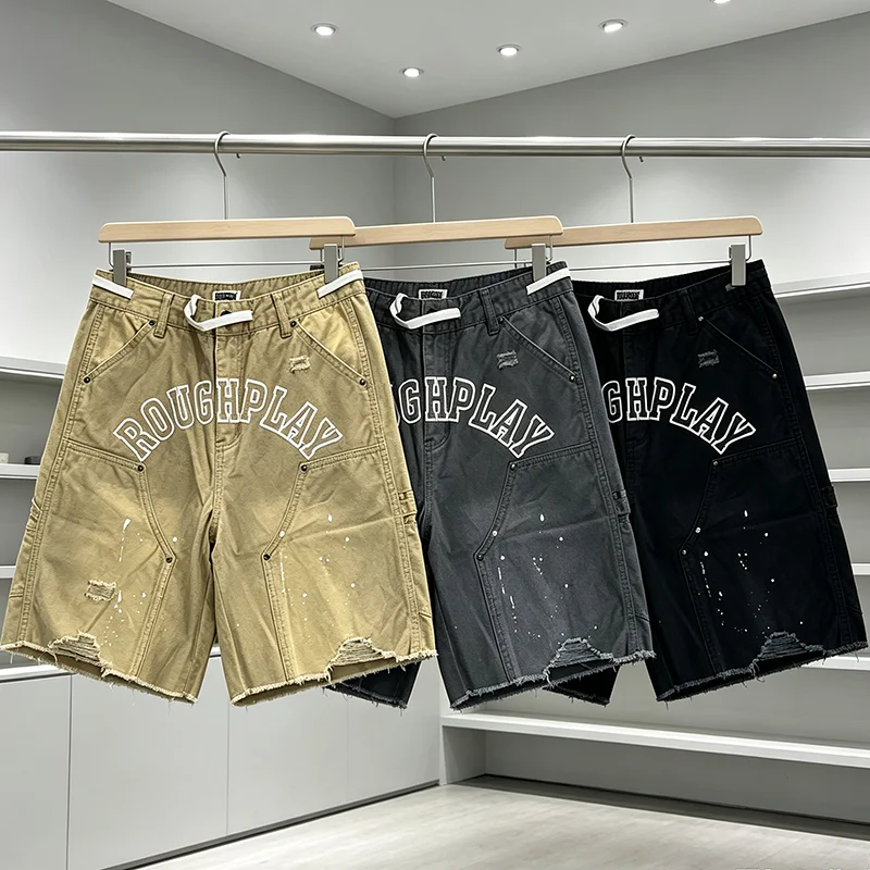 Rough Play Vintage Paint Splatter Casual Shorts Frayed Hem Multi Pocket Daily Shorts