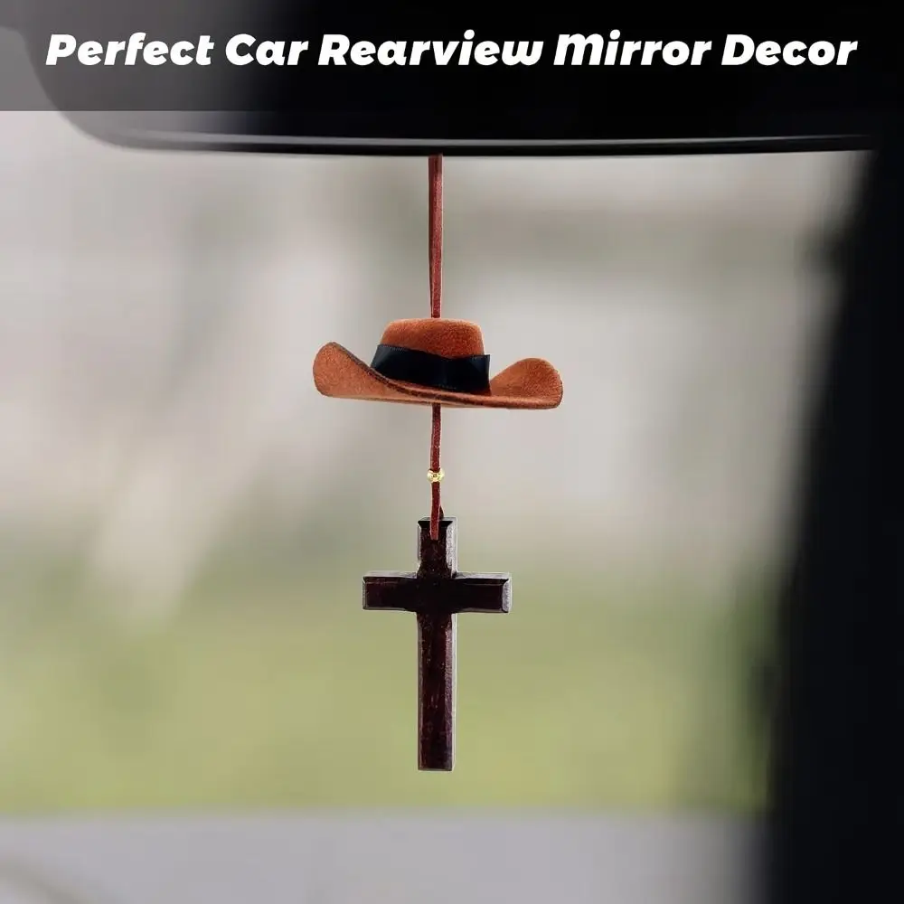 Cowboy Hat Car Pendant Cow Pattern Coffee Cross Rearview Mirror Decoration Western Style Love Cross Car Interior Accessories