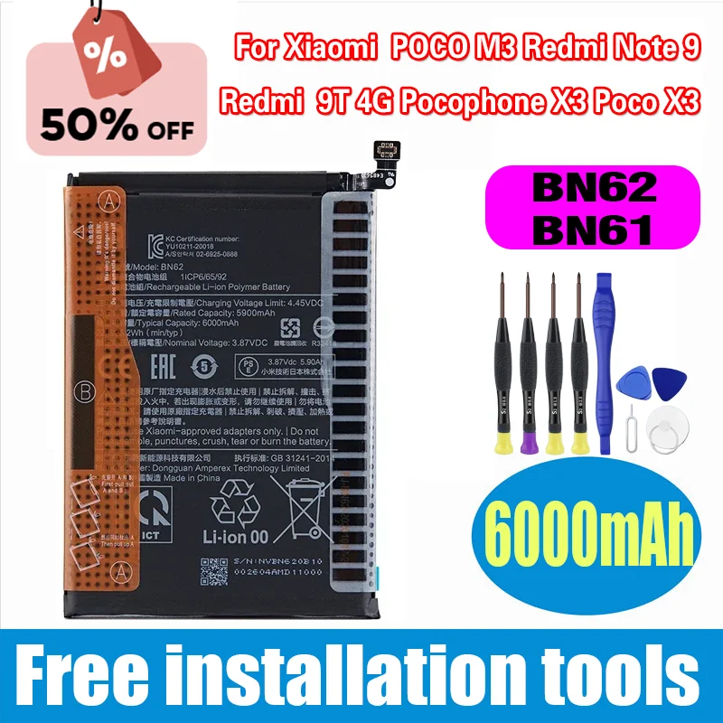 

Brand New BN62 BN61 Battery For Xiaomi POCO M3 Redmi Note 9 Redmi 9T 4G Pocophone X3 Poco X3 Phone Batteries+Tools