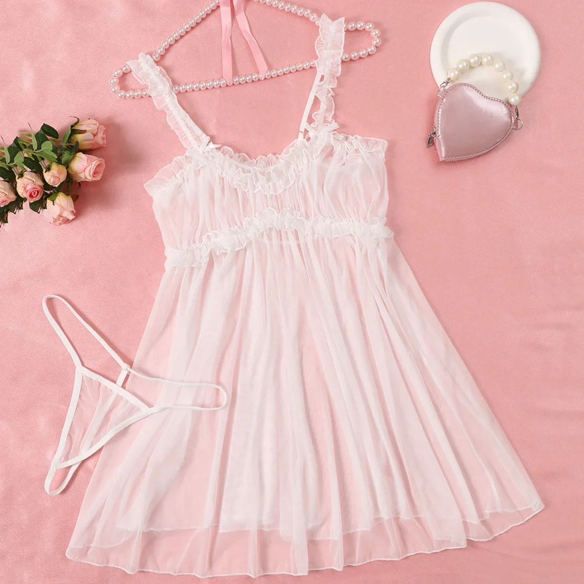 

Women Sleepwear New Lace Pajama Set Sling Nightdress Sexy Lingerie Sleeveless Exotic Costumes Babydoll Transparent Dress