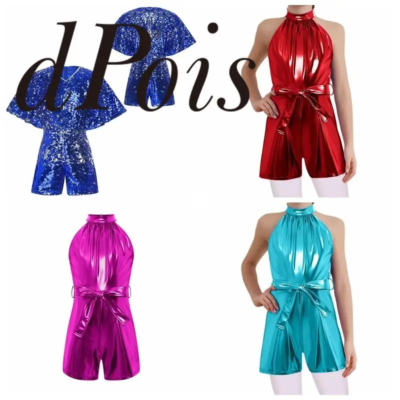 Kids Jazz Dance Unitards Short Jumpsuit Halter Sleeveless Metallic Jumpsuits Shiny Rompers Carnivals Birthday Party Disco Outfit