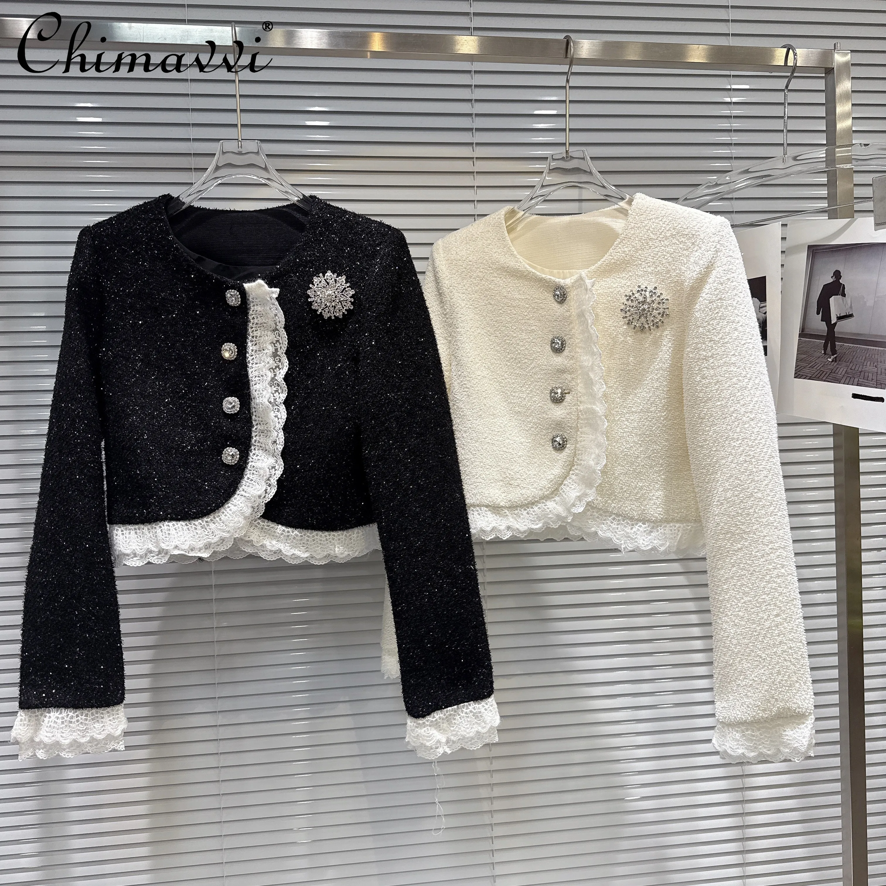 

French Elegant Temperament Socialite Lace Round Neck Long Sleeve Diamond Button Single Breasted Tweed Short Jacket Women Autumn