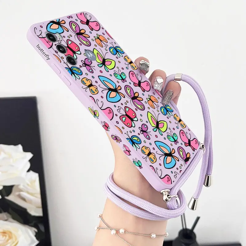 G60 Charm Butterfly Lanyard Silicone Phone Case dla Motorola Moto G60 G42 G62 G40F G72 G34 G100 G22 G54 G30 G60S G84 G24 Cover
