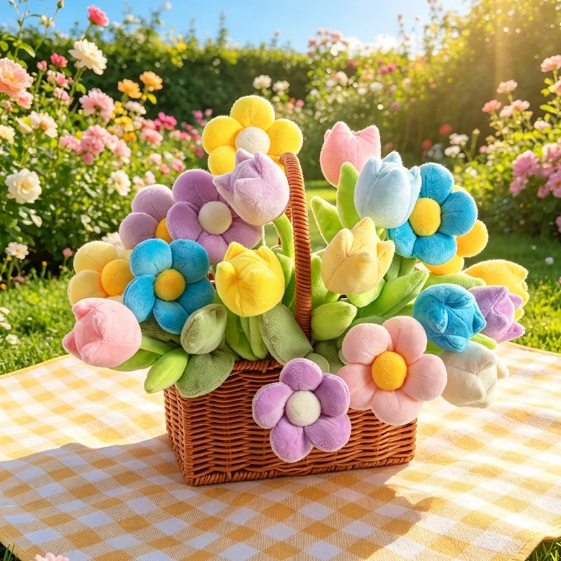 Simulation Flower Plush Toy Bouquet, Colorful Cartoon Cute Soft Fluffy Tulip Sunflower Ornament For Girlfriend Home Decor