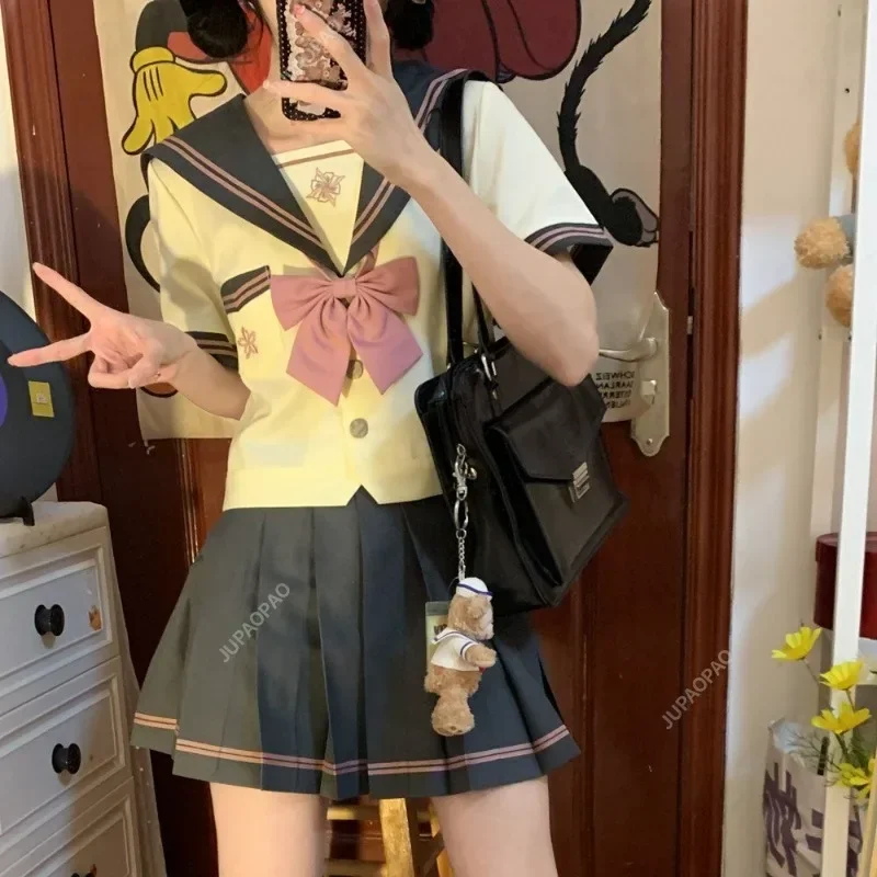 Simpatico studente Union JK Uniforme in stile marinaio Gonna corta blu Gonna corta a maniche lunghe Set cravatta blu mare per ragazze giovani