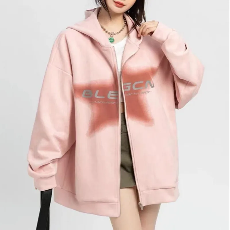 Woman Star Sweatshirts Hip Hop Fashion Yk2 Zipper Hoodie Female Male Oversized Hooded Zip-up Kpop Outerwears 2000s Clothes Y2k