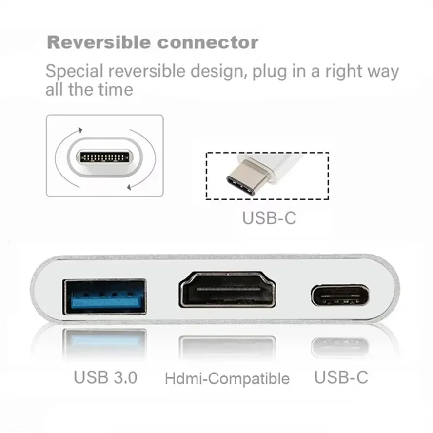 USB C HUB 3in1 نوع C 3.0 إلى HDMI محطة إرساء متوافقة PD شحن سريع 4K HDMI محول الفاصل للكمبيوتر الهاتف ماك بوك