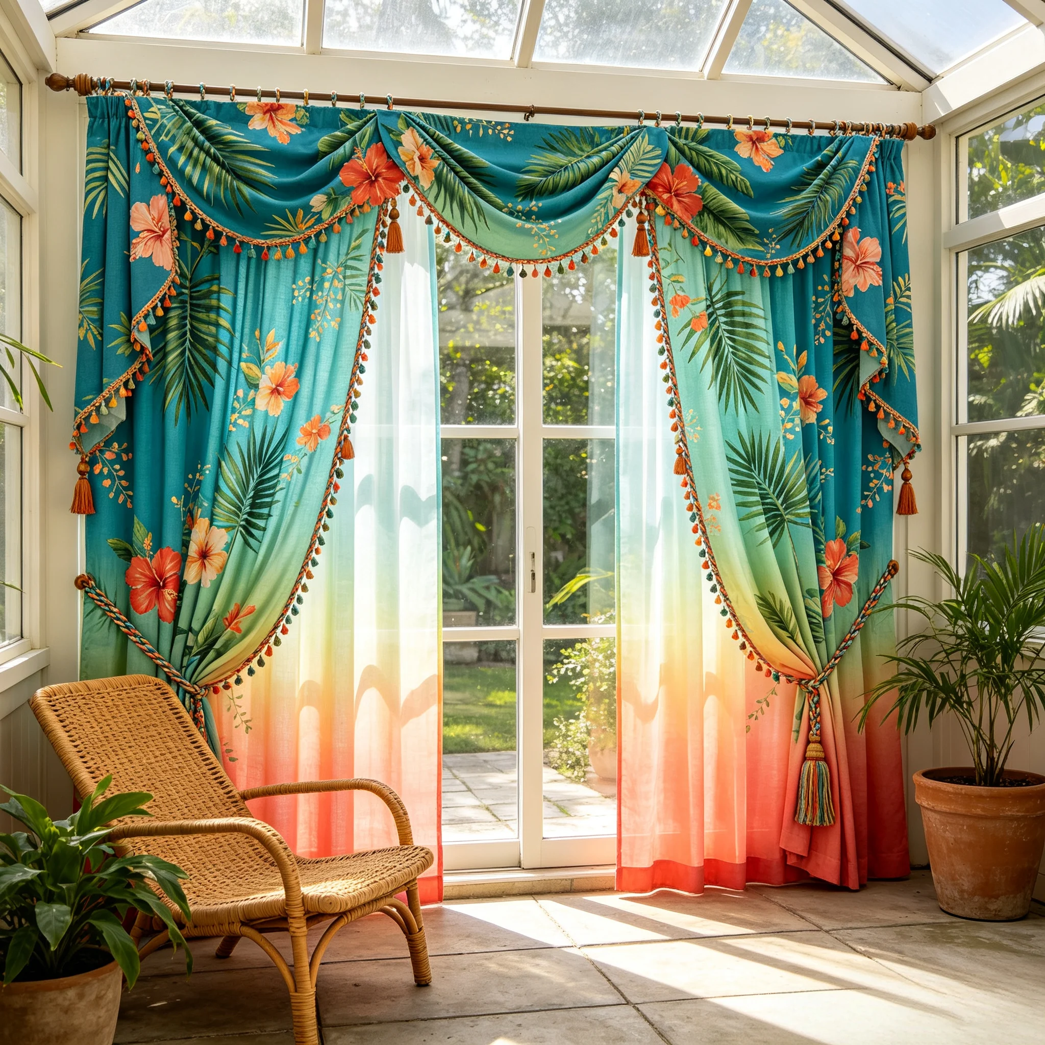 200250   Tropical Sunroom Palm Hibiscus Flower Weaving Rope Wooden Pendant Curtains