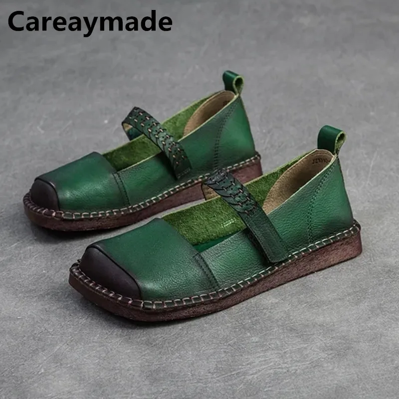 Careaymade-Genuine Leather Ethnic Natural Flats Casual Spring Sewing  Summer Comfy Shallow Women Soft Square Toe Hook Shoes