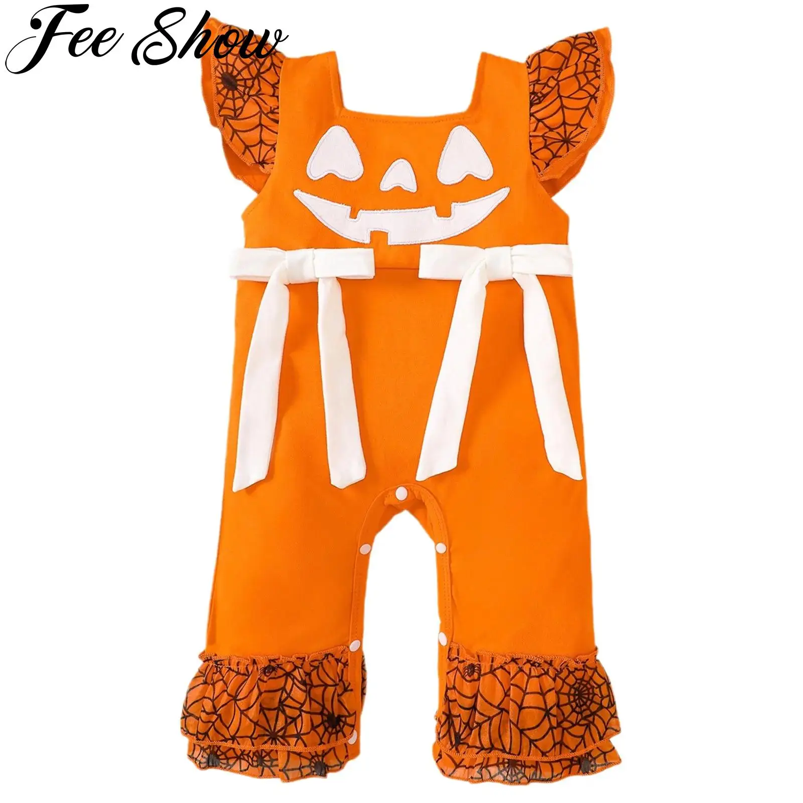 

Newborn Baby Girls Halloween Pumpkin Clothes Cute Ghost Printed Bow Rompers Jumpsuit Festival Theme Party Photo Shoot Costume