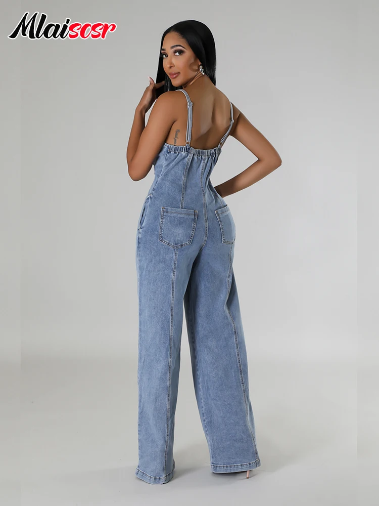 Mlaiscsr Fashion Blue Denim Jumpsuits Women Spaghetti Strap One Piece Baggy Jeans Pants Wide Leg Rompers Overalls Streetwear New