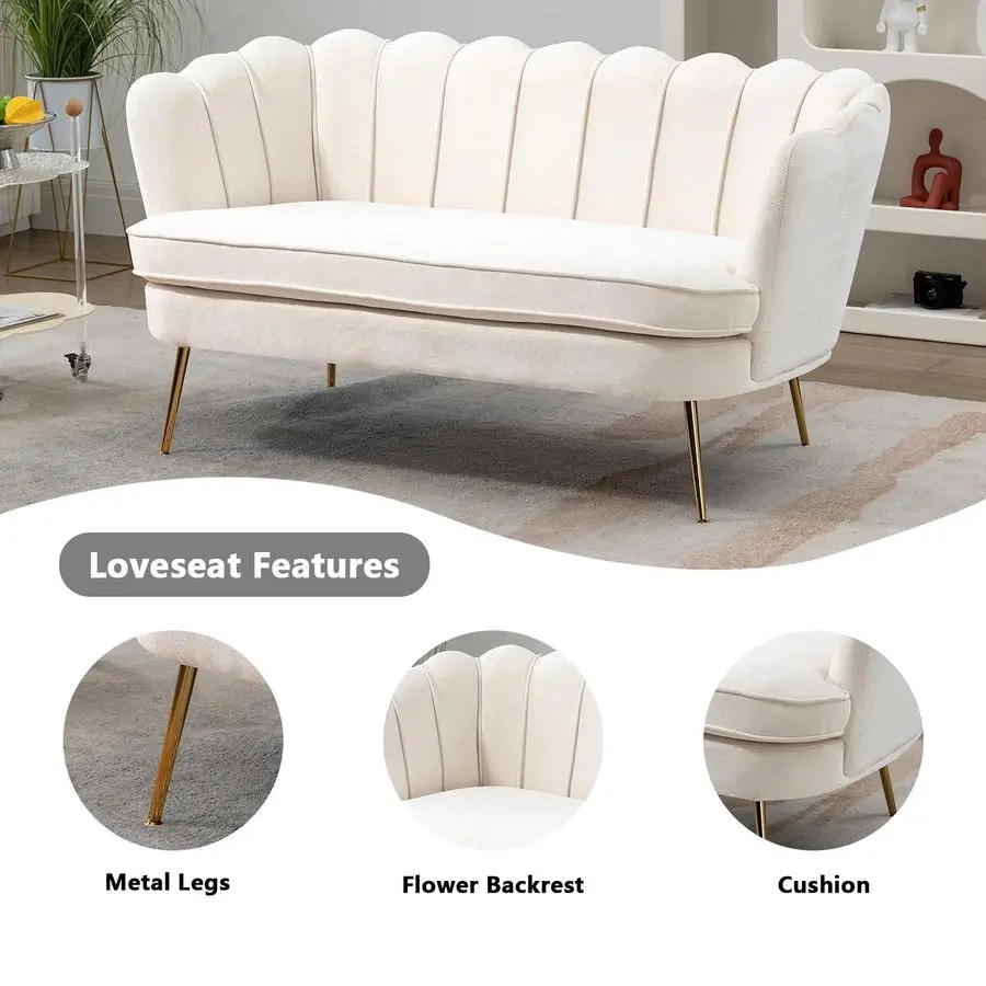 59 أريكة صغيرة حديثة من الشنيل بمقعدين، أريكة بمقعدين بأرجل معدنية ذهبية، أريكة صغيرة مع ظهر على شكل زهرة لغرفة المعيشة