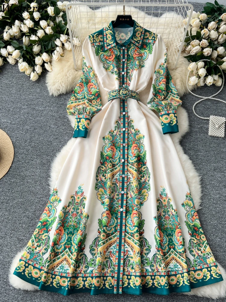 Maxi Single Breasted Belt Dresses for Women Vintage Robe Femme 2024 Vestidos De Mujer Lantern Sleeve Floral Temperament Dress WJ