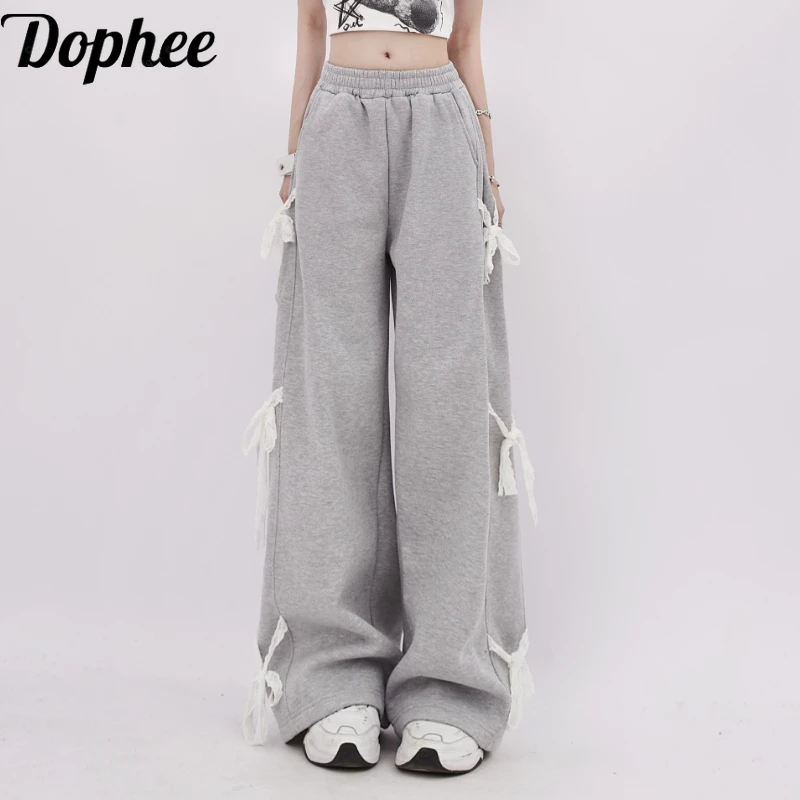 

Dophee Casual Women Sweatpants New Autumn Vintage Lace Bow Elastic High Waist Straight Pants Spice Girls Loose Sport Trousers