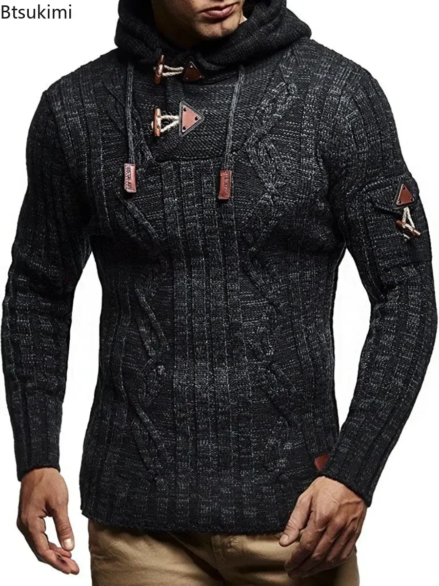 Outono inverno novo pulôver com capuz masculino suéteres manga longa conforto estiramento camisola moda masculina magro malha topos homem roupas