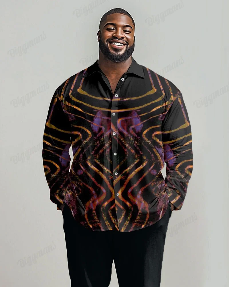 Men's Plus Size Long Sleeve Button-Up Shirt, Abstract Radiating Brush or Curved Line Prints on Dark Colors for Streetwear