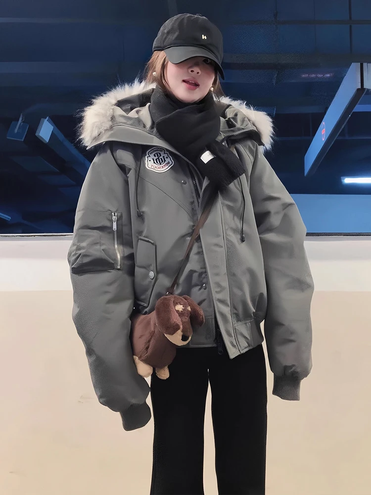 

Retro American Workwear Parka Cotton Jacket Men Women Autumn Winter Thickened Warm Fur Collar Hooded Cotton Outerwear