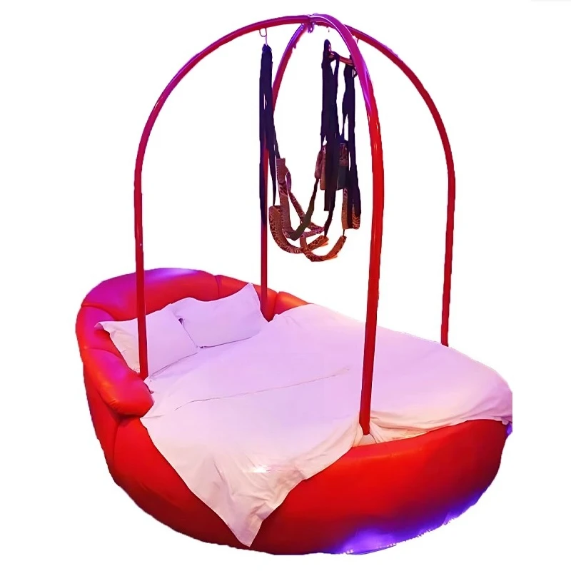 

Theme hotel wrought iron shelf swing couple electric round love hotel simple leather intelligent vibrating bed