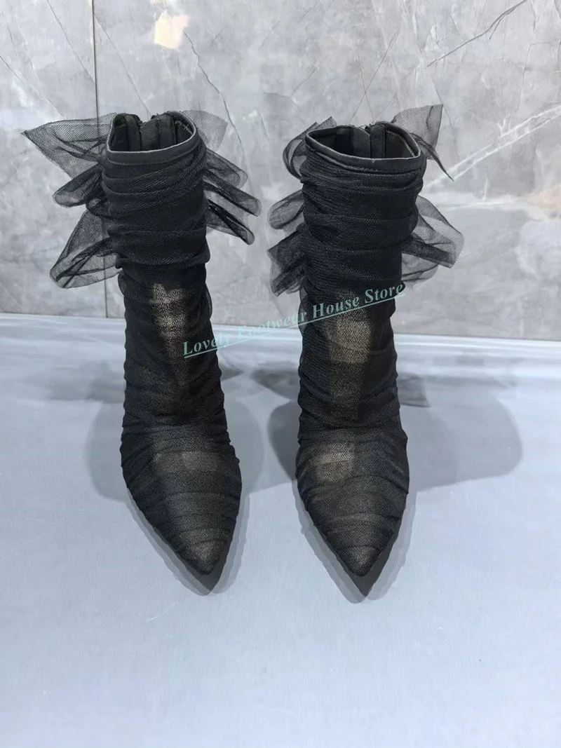 

Graceful Black Lace Decoration Woman High Top Boots 8cm 10cm 12cm Stiletto Heel Female Pointed Toe Back Zipper Ankle Short Boots