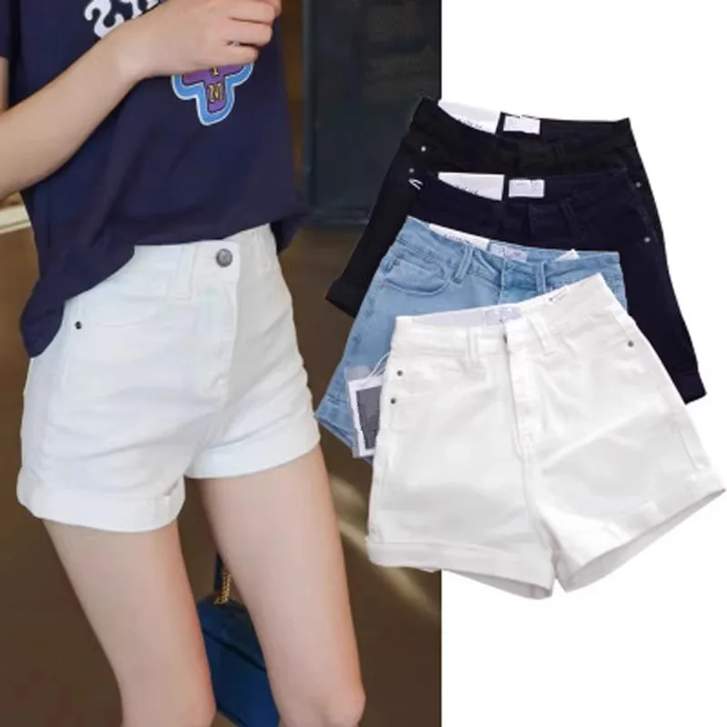 High Waist Slimming White Denim Shorts Women's Summer Thin Roll-Up Hem Wide Leg Hot Pants A-Line Shorts Cotton Stretch Denim