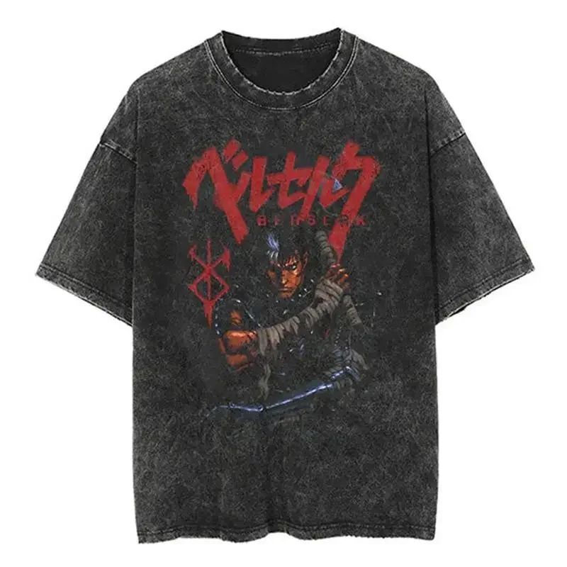 

Official BERSERK Black T-Shirt Men's Guts Armor Graphic with Red Logo Vintage Washed Cotton Anime Streetwear