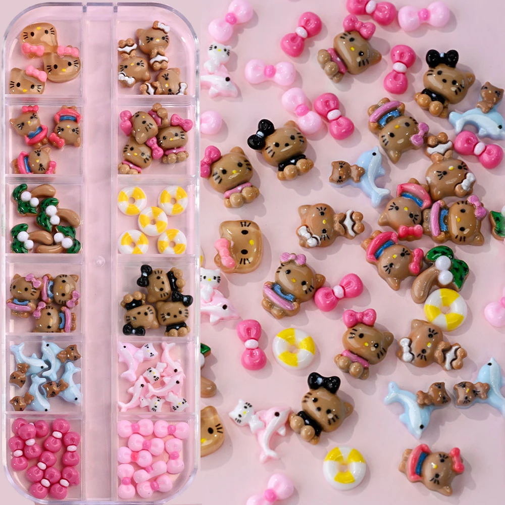 12Grids Summer Black Skin Hello Kitty Nail Charms 3D Pink Bows Hello Kitty Nail Art Rhinestone Cute Cartoon DIY Nail Accessories