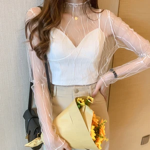 T-shirt kollu dantel ince kadın uzun kollu örgü, yüksek boyun, siyah dantel, t-shirt ve yerleşim, tank tops-tr, punk, seksi, sıcak şeffaf En iyi 10 giyim ve şeffaflık satışı-no. 3