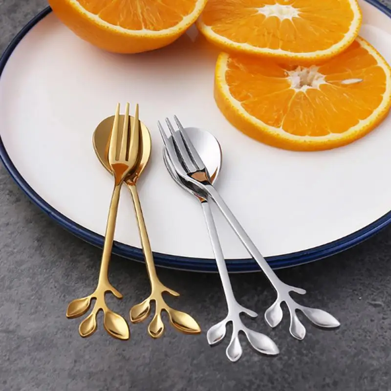 1/3PCS Gold Long Handle Spoon Stainless Steel Leaf Teaspoon Nordic Mini Stirring Spoons Small Fork for Dessert Coffee Honey Home