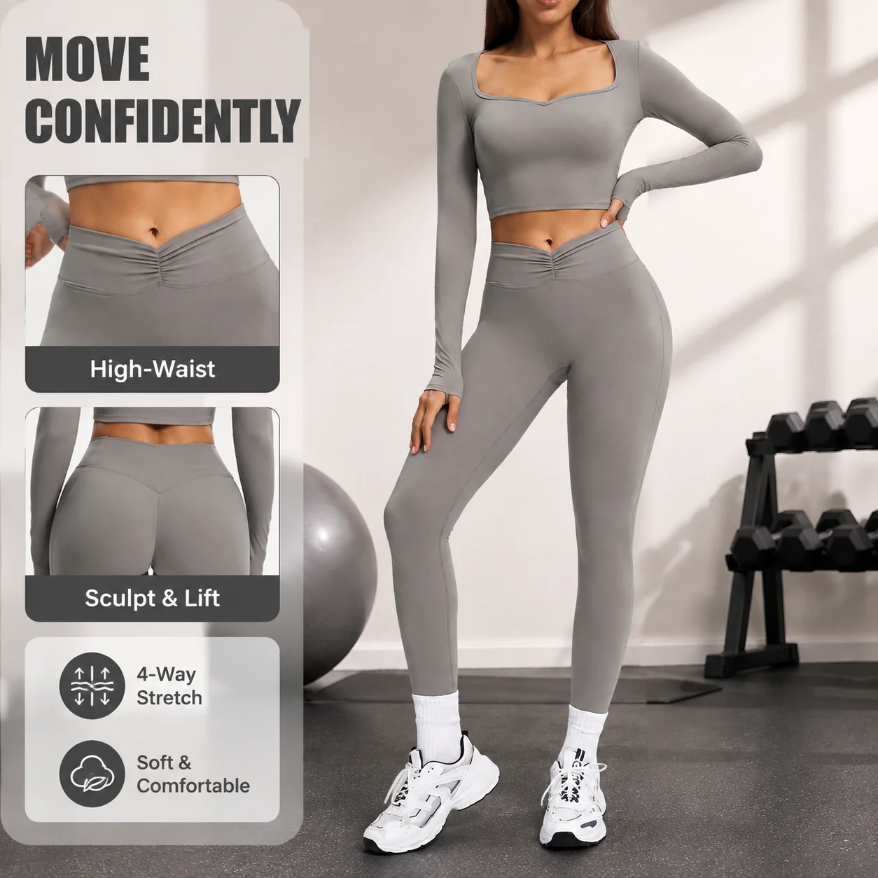 Women's Square Neck Long Sleeve Crop Top & Ruched V-Waist Leggings Set - Tummy Control Squat-Proof Yoga Gym 2-Piece Suit, Multip