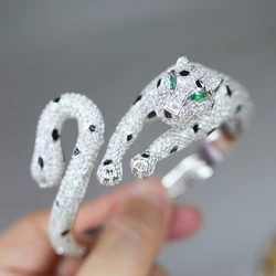 Luxury Punk Black Spot Leopard Bracelet Full Cubic Zircon Stone paved Animal Panther Cuff Bangle for Women Party Copper Jewelry