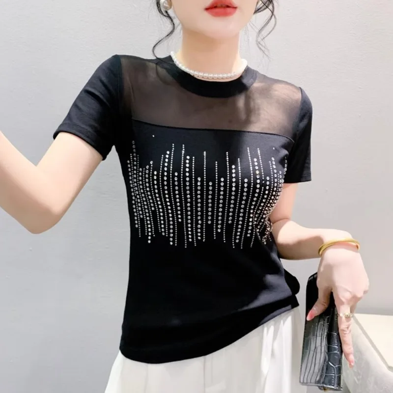 

#7144 Black Party Club Streetwear T Shirt Women Split Joint Mesh See Through Short Sleeve T Shirt Slim Diamonds Sexy Tight Thin